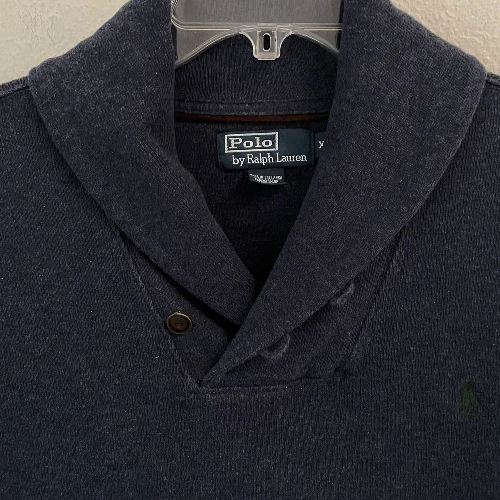Y2K Polo Ralph Lauren Men's XL Navy Shawl Collar Sweater Elbow Patch 100% Cotton